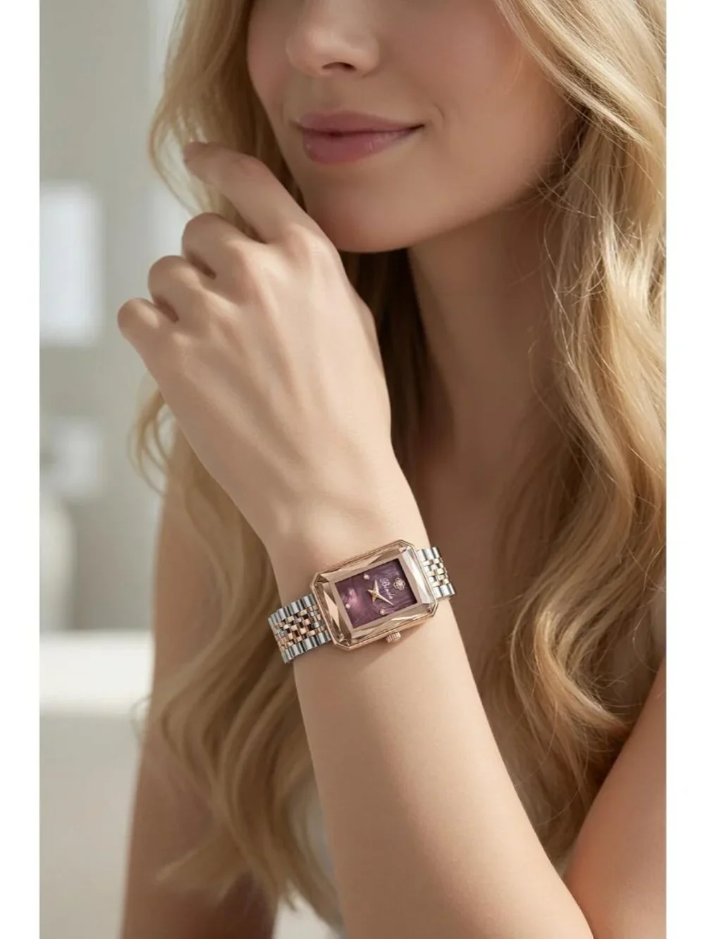 Women's Silver Gold Burgundy Vintage Rectangular Case Stainless Steel Band Watch